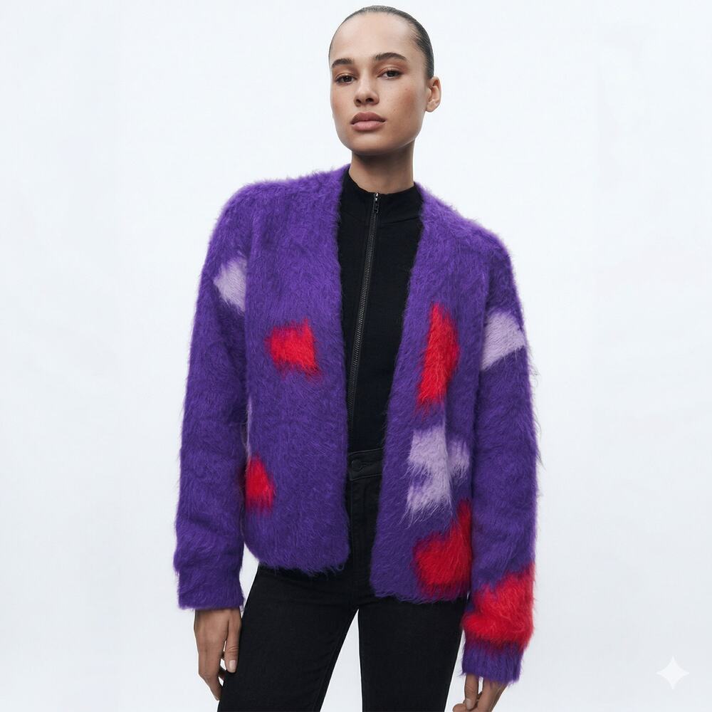 Zara Brushed Finish Knit Cardigan Womens S/MPurple Wool Blend Open Long Sleeve